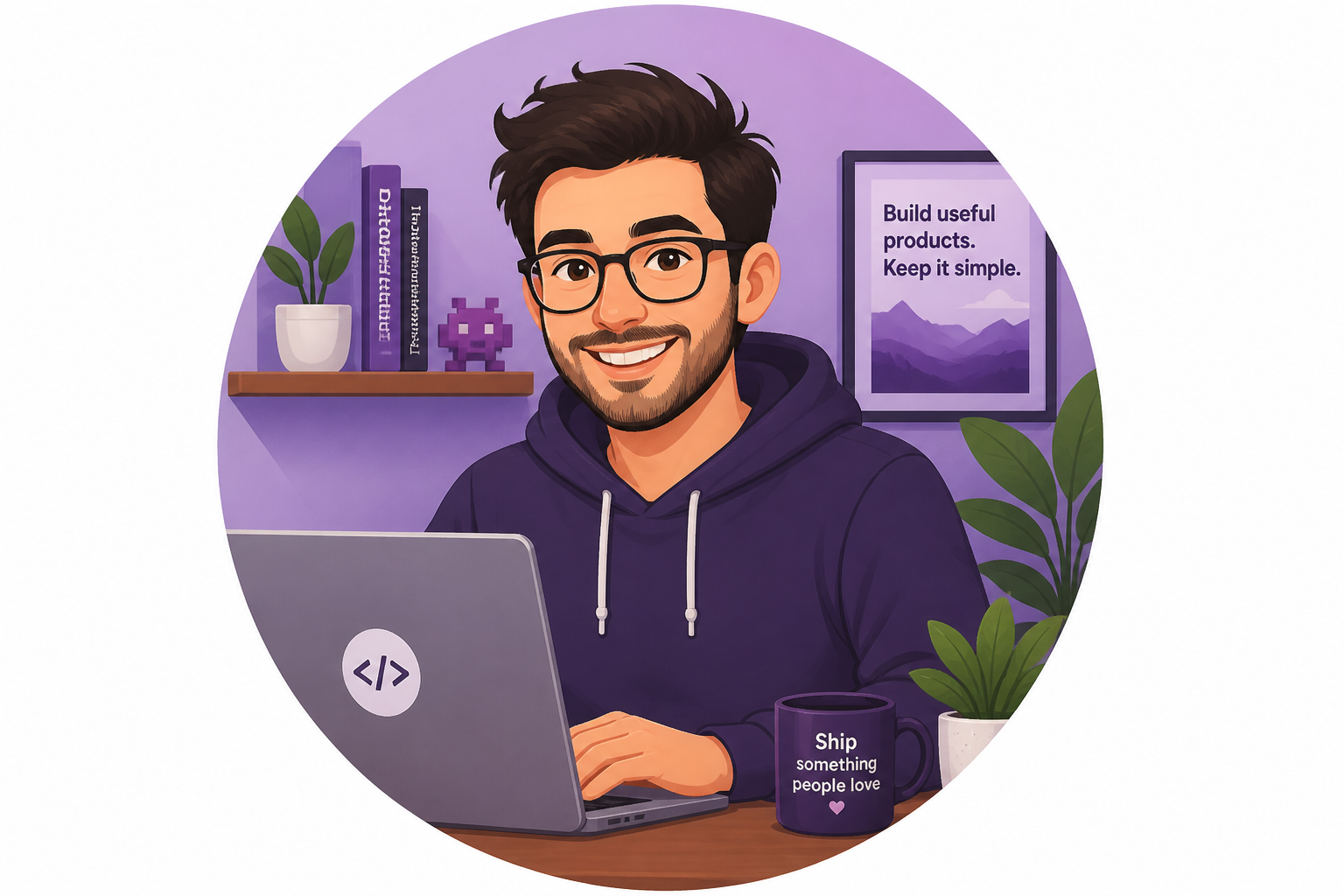 Illustrated portrait of the SpinWheelPlus indie builder at a laptop