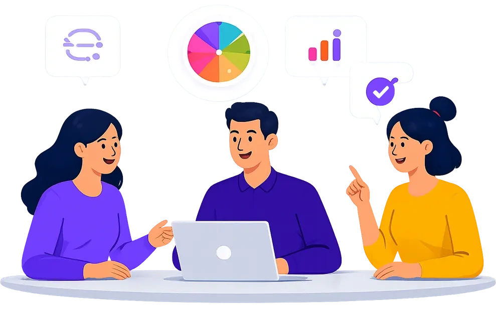 Team collaborating with SpinWheelPlus - wheels, charts, and engagement